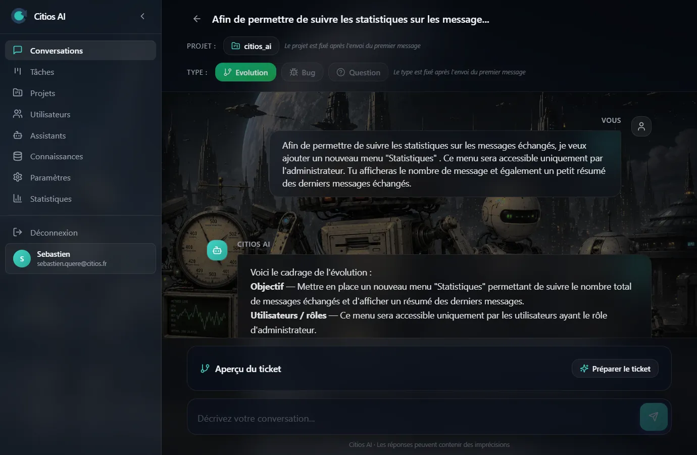 Interface Citios AI — nouvelle conversation pour cadrer une évolution avec BB-PO