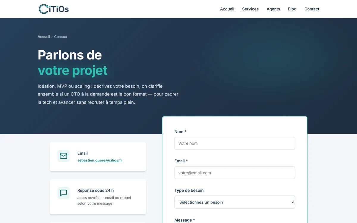Page contact Citios après — hero plus affirmé, formulaire qui chevauche le hero, méthodes sur fond clair