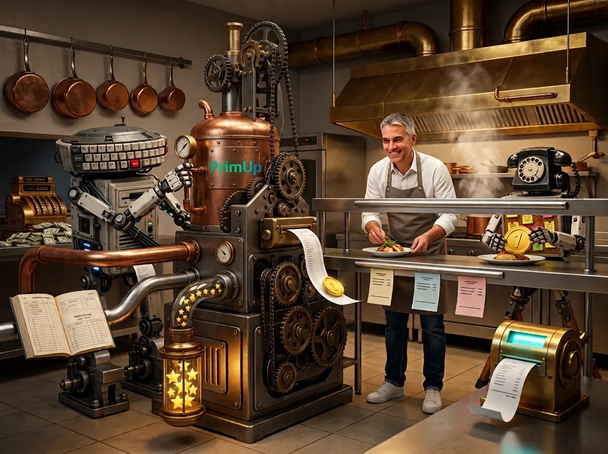 Cuisine steampunk : un robot à tête de clavier alimente la machine PrimUp, un restaurateur dresse une assiette, un second robot gère les commandes