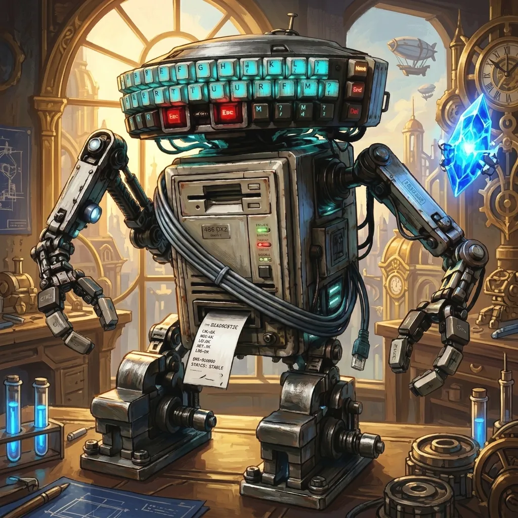 BB-DEV en style steampunk, dans un atelier aux vitraux, matières usées et lumière chaude