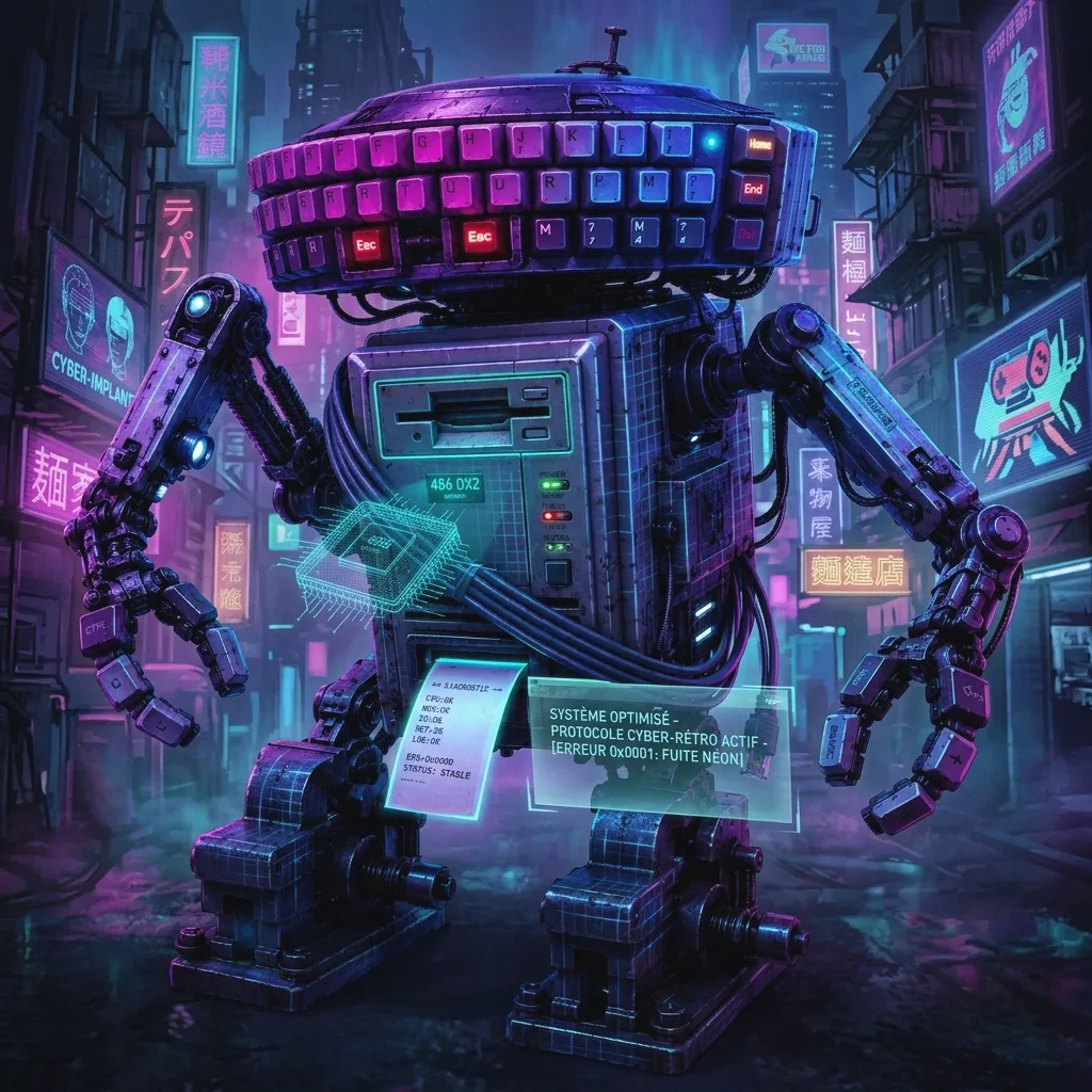 BB-DEV en style cyberpunk, néons magenta et cyan dans une ruelle asiatique de nuit
