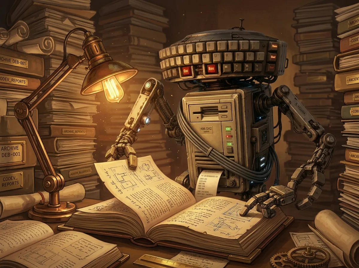 BB-DEV en style steampunk, lisant un grand livre de plans sous une lampe, entouré de piles d'archives