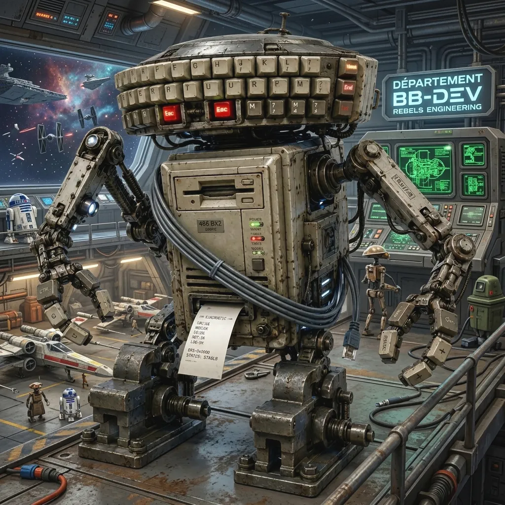 BB-DEV en style Star Wars, sur le pont d'un hangar spatial avec X-wings et droïdes