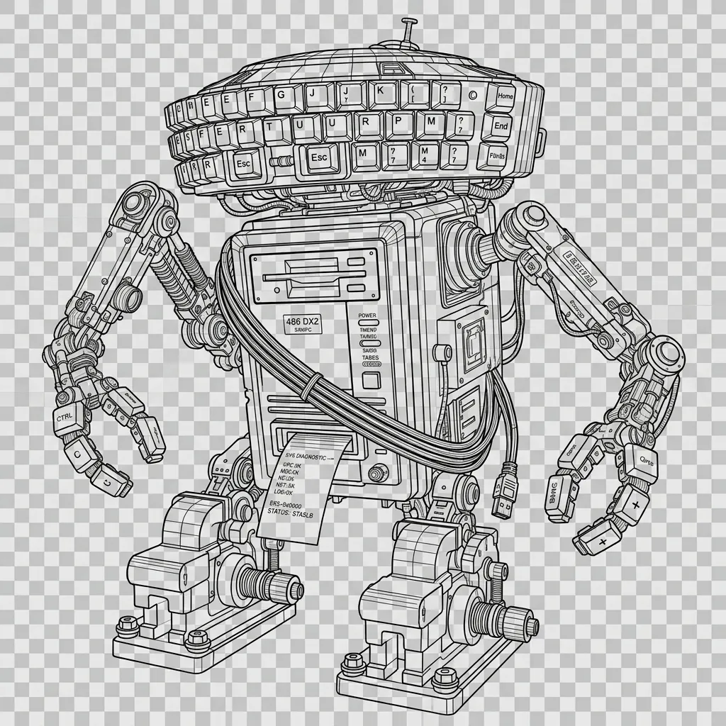 Dessin filaire de BB-DEV : droid assemblé d'un clavier plié en tête, d'un tour PC 486 DX2 et de bras articulés terminés par des pinces en touches
