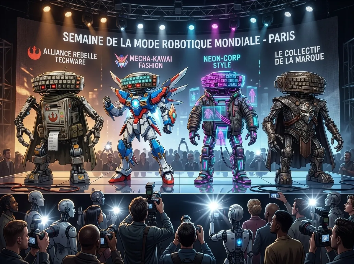 Défilé de mode robotique : quatre droïdes BB-DEV dans des styles différents (Star Wars, mecha, cyberpunk, steampunk) sur un podium à Paris