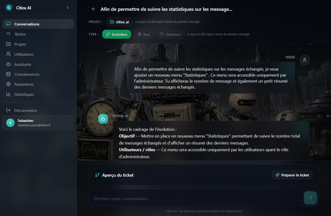 Interface Citios AI — nouvelle conversation pour cadrer une évolution avec BB-PO